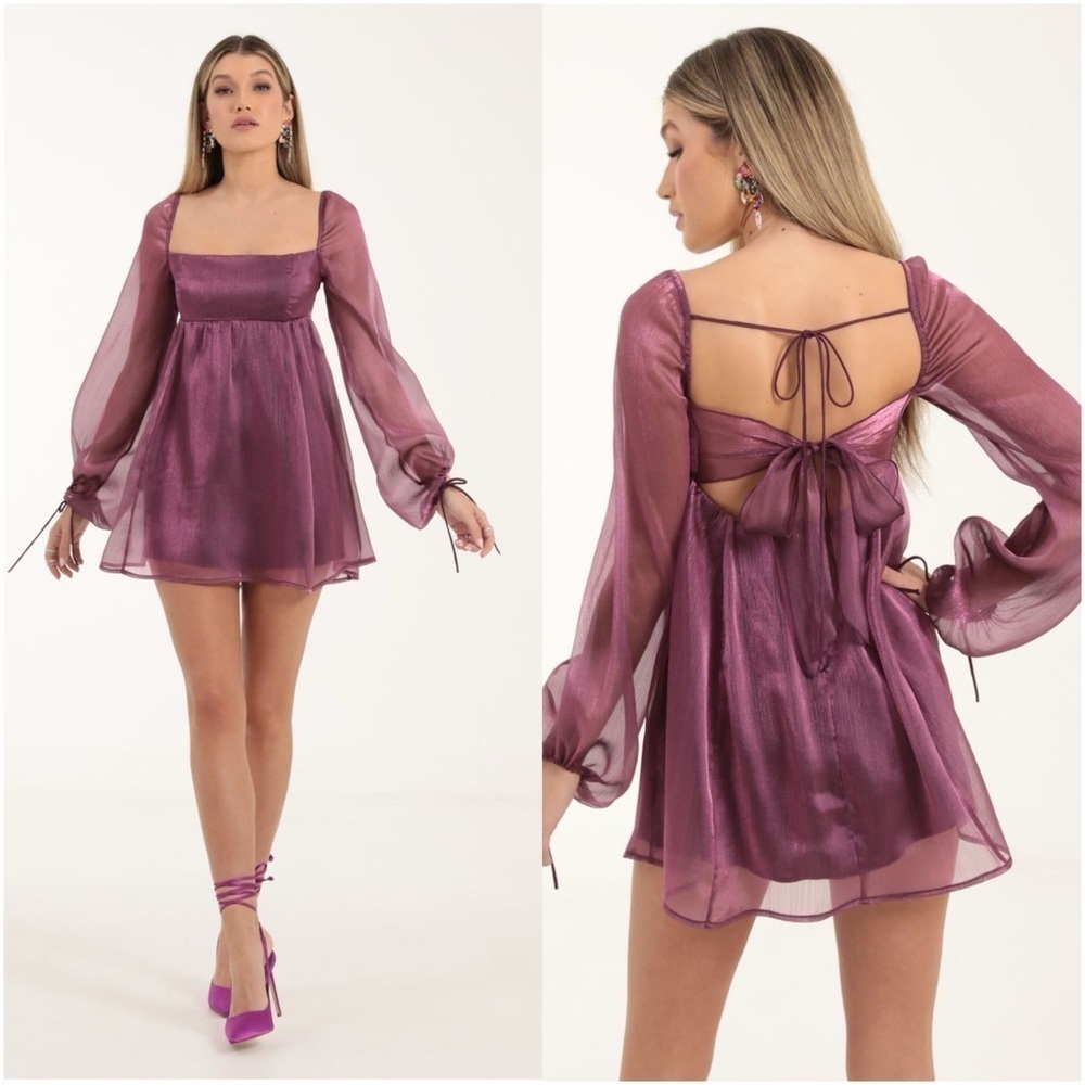 LUCY IN THE SKY Crinkle Long Sleeve Babydoll Mini Dress